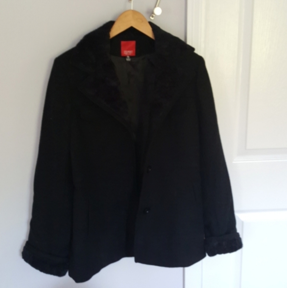 ESprit Womens Faux Fur Collar Wool Blend Buttoned Coat Sz M